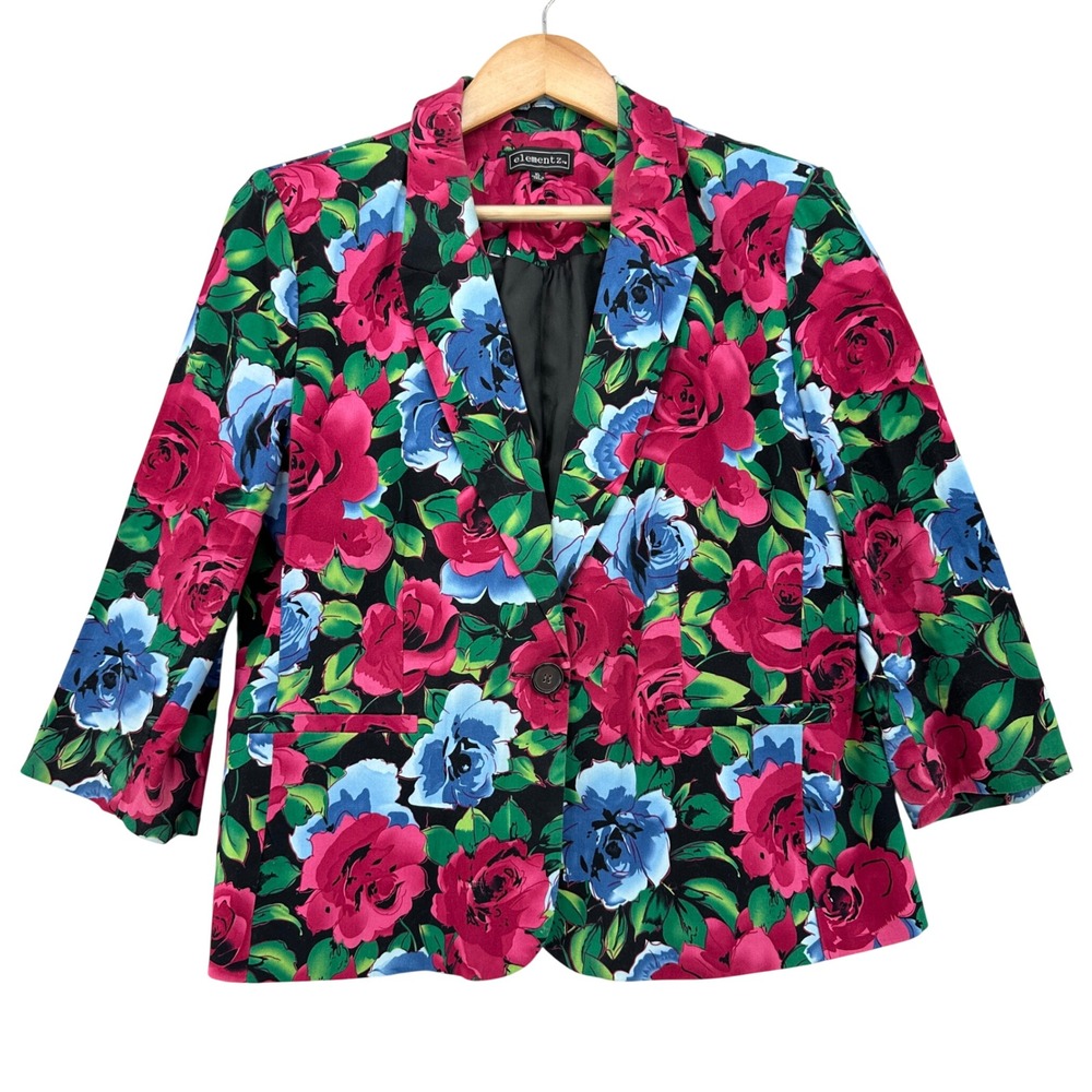 Y2K Elementz Floral Rose Print Single Button Blazer Jacket Black Pink Blue XL